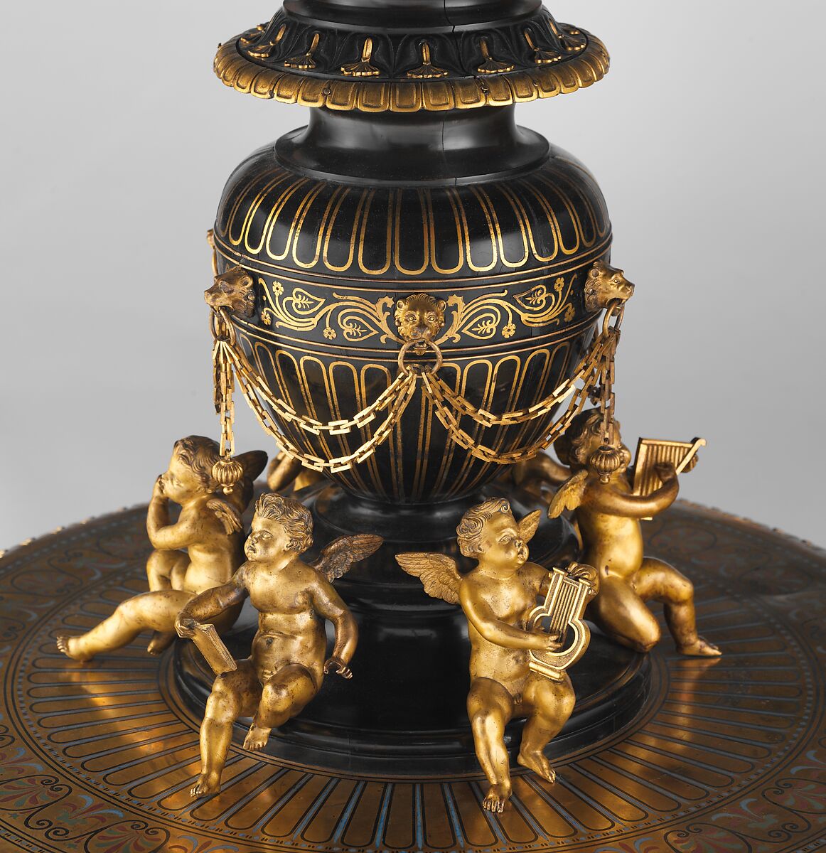 Marble-top table, Theophil Hansen (Danish, Copenhagen 1813–1891 Vienna), Belgian black marble and semi-precious stones; painted pine, ebonized fruitwood; brass, gilt bronze, Italian, Florence and Austrian, Vienna
