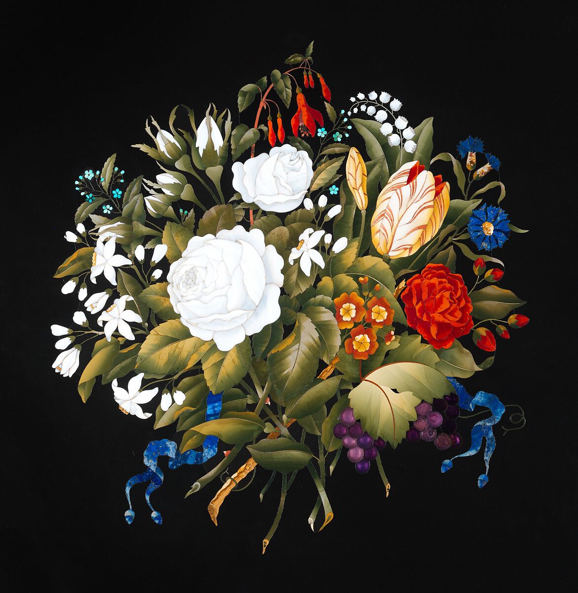 Marble-top table, Theophil Hansen (Danish, Copenhagen 1813–1891 Vienna), Belgian black marble and semi-precious stones; painted pine, ebonized fruitwood; brass, gilt bronze, Italian, Florence and Austrian, Vienna