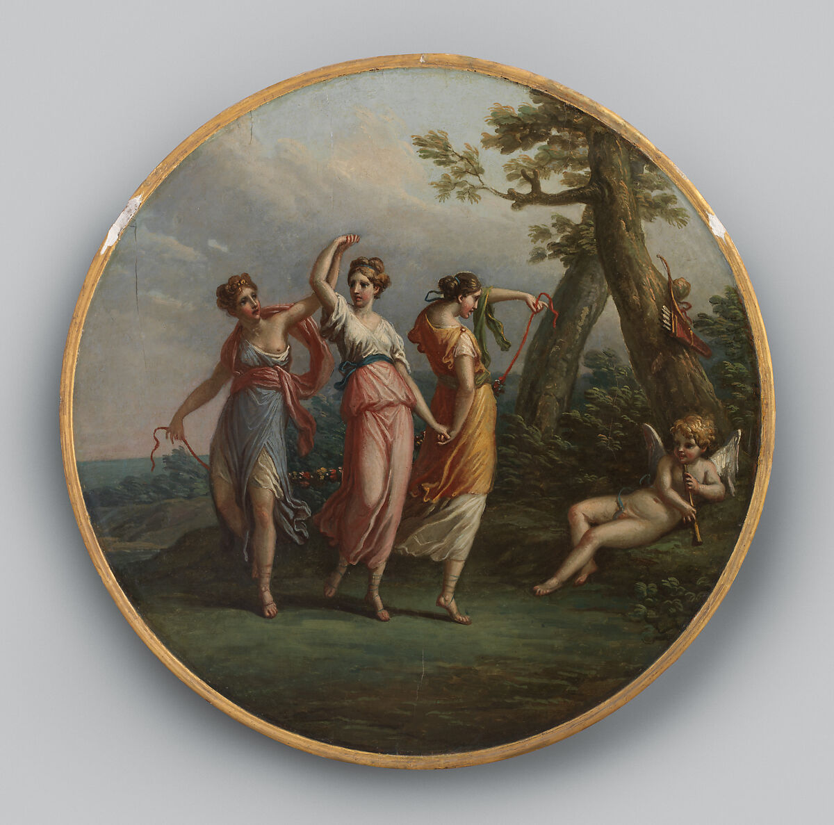 Three dancing nymphs and a reclining cupid in a landscape, Attributed to Antonio Zucchi (Italian, Venice 1726–1796 Rome), Oil on paper, attached to a plaster ceiling roundel, British 
