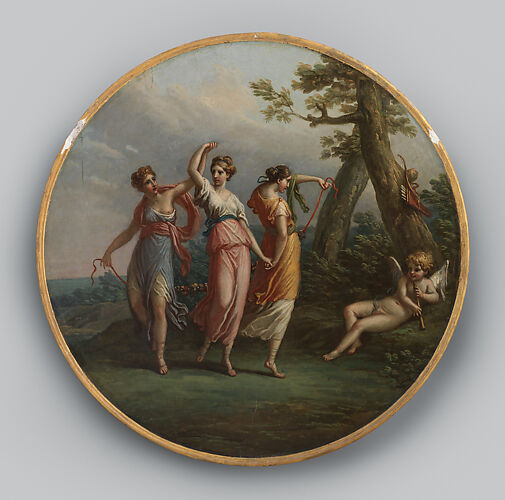 Three dancing nymphs and a reclining cupid in a landscape