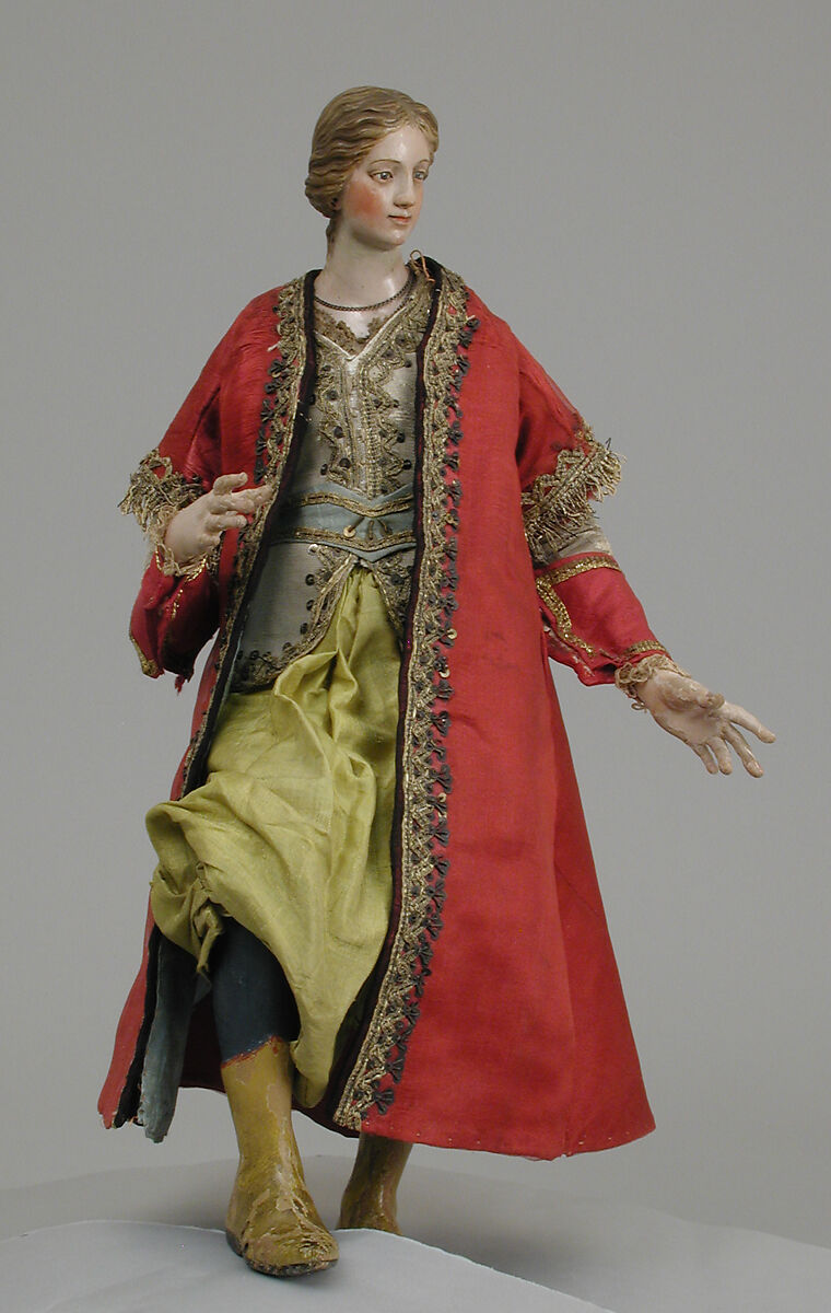 Oriental woman, Polychromed terracotta head; wooden limbs; body of wire wrapped in tow; silk garments with metallic thread and other materials; glass eyes, Italian, Naples