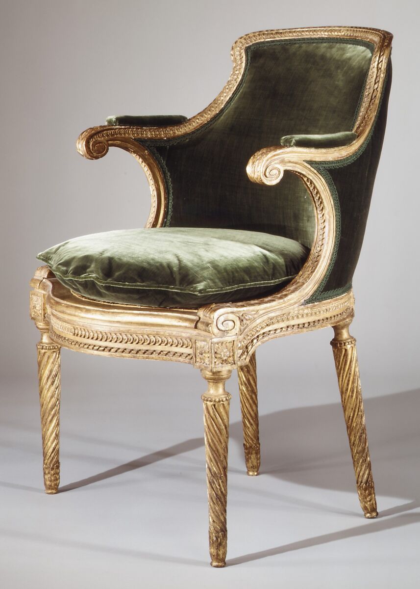 Armchair, Georges Jacob (French, Cheny 1739–1814 Paris), Carved and gilded beech; caning; modern silk velvet, French 
