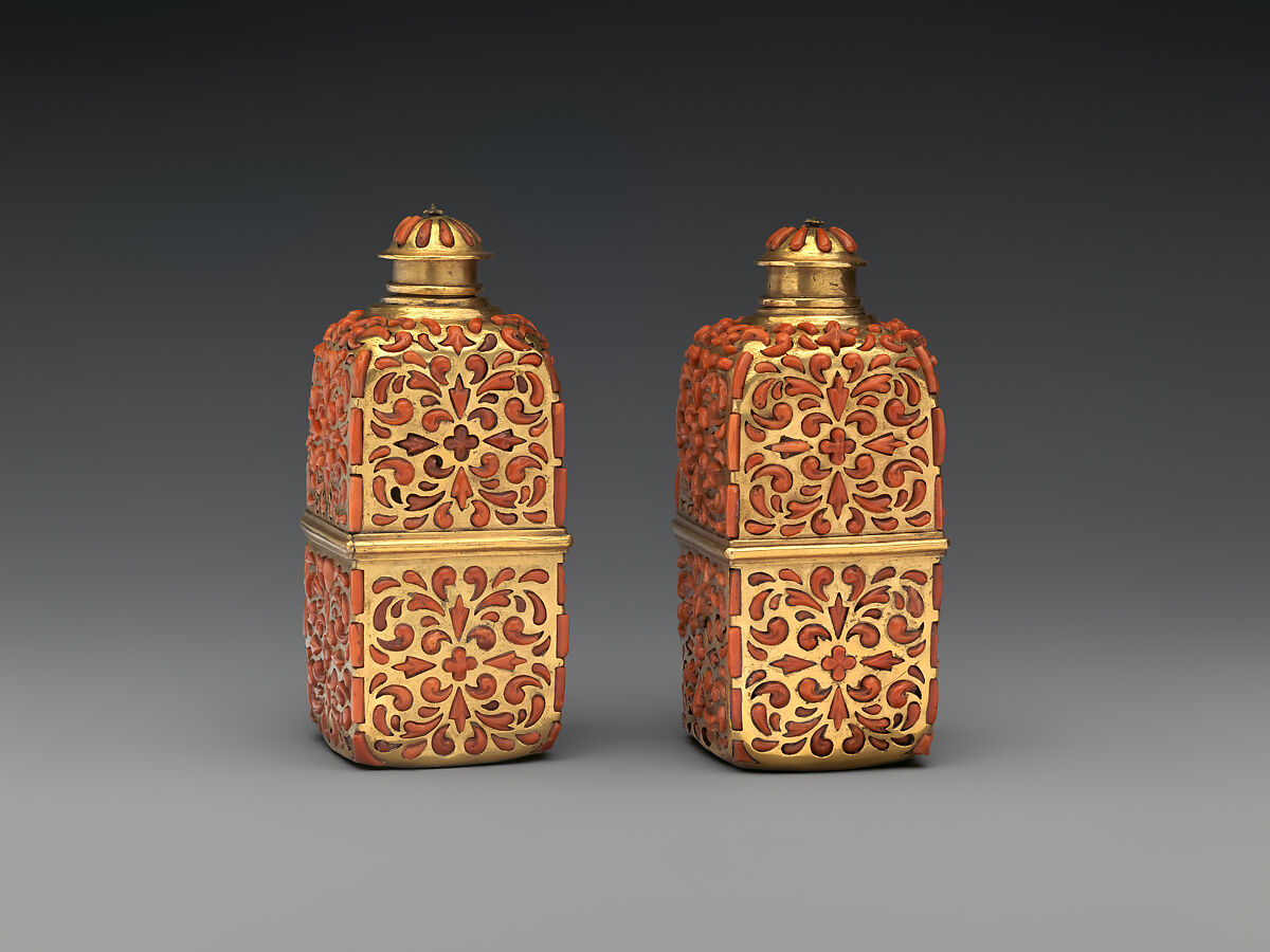 Pair of scent flasks, Gilt copper, coral, Italian, Sicily, possibly Palermo 