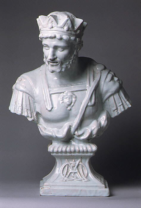 Bust of Mark Antony (one of a pair), Tin-glazed earthenware, French, Rouen 