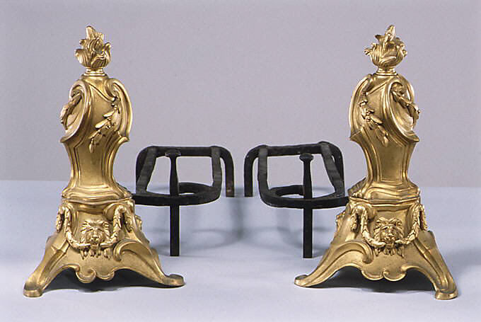 Pair of andirons, Gilt bronze, wrought iron, French 