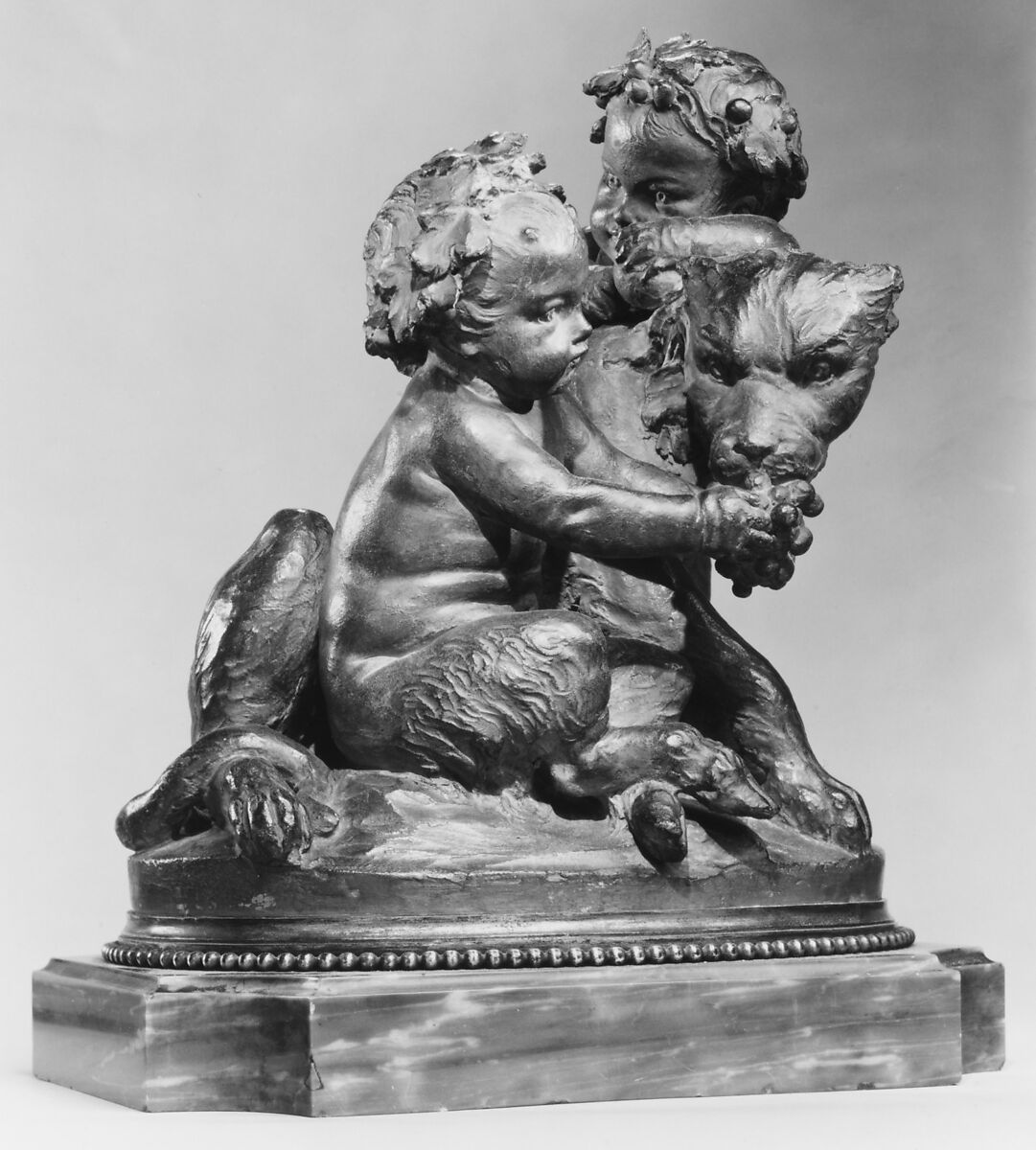 Infant and satyr child with a panther, After a model by Louis Félix de La Rue (French, Paris 1731–1765 Paris), Terracotta (lacquered brown); base: gilt bronze and grey marble, French, Paris 