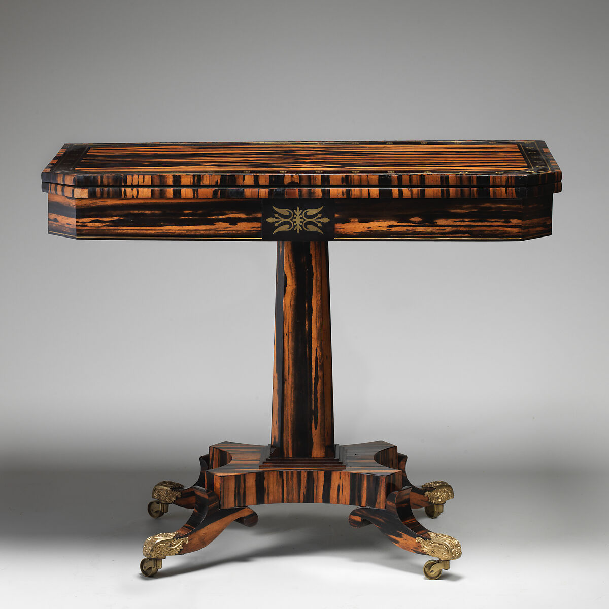Card table, Zebrawood, ebony veneered on oak, brass, gilt bronze, British 