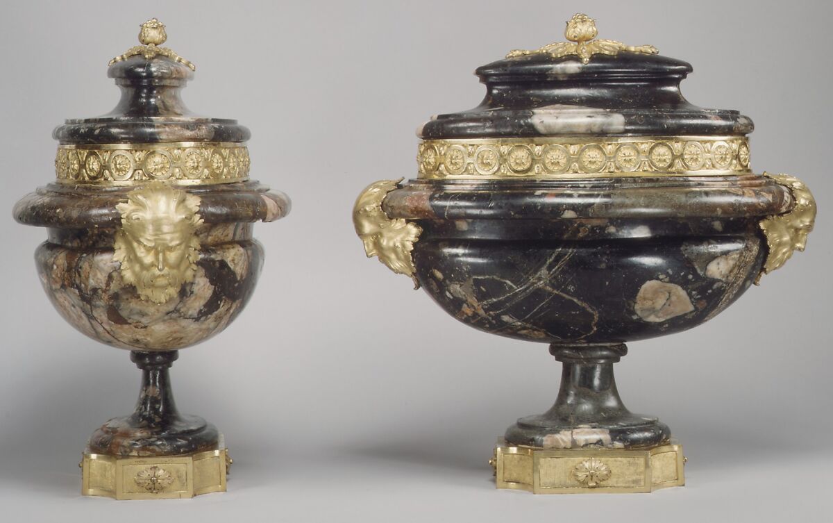 Pair of urns with covers, Marble (brèche violette), gilt bronze, French 