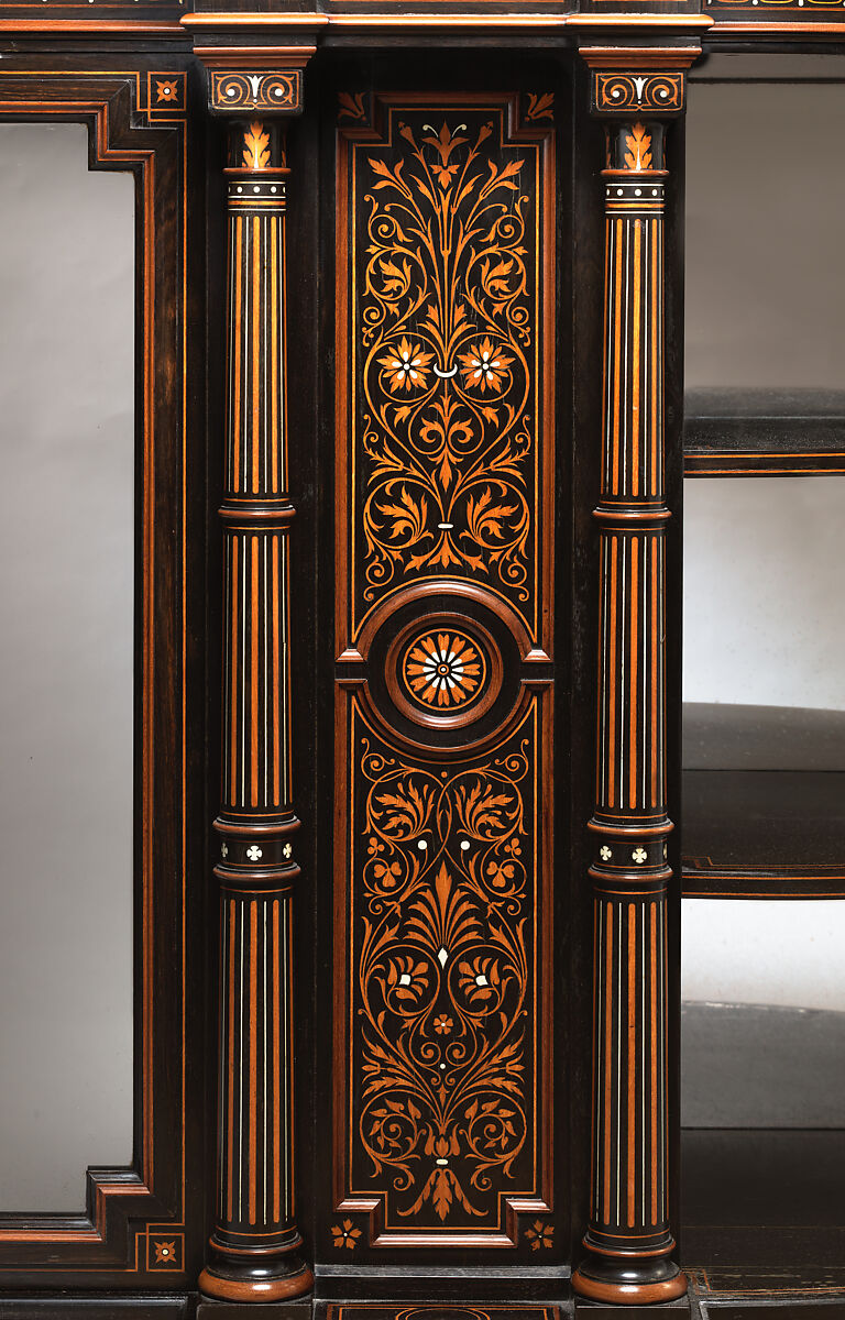 Cabinet, Manufacture attributed to Jackson &amp; Graham (active ca. 1840–85), Mahogany veneered with ebony and Macassar ebony, inlaid with boxwood and ivory, glass, British, London
