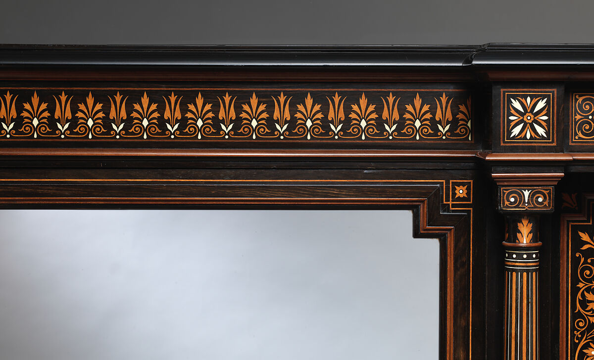 Cabinet, Manufacture attributed to Jackson &amp; Graham (active ca. 1840–85), Mahogany veneered with ebony and Macassar ebony, inlaid with boxwood and ivory, glass, British, London