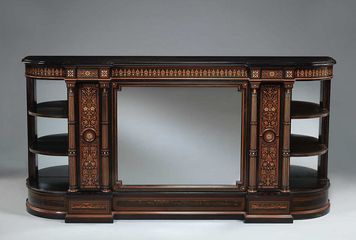 Cabinet, Manufacture attributed to Jackson &amp; Graham (active ca. 1840–85), Mahogany veneered with ebony and Macassar ebony, inlaid with boxwood and ivory, glass, British, London 