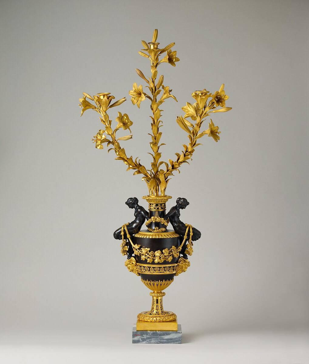 Three-light candelabrum (one of a pair), Patinated and gilt-bronze, enameled bronze, marble, French 