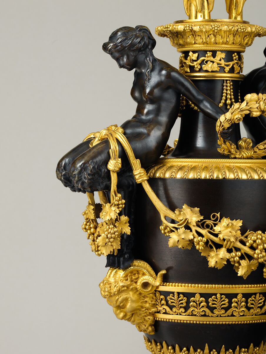 Three-light candelabrum (one of a pair), Patinated and gilt-bronze, enameled bronze, marble, French