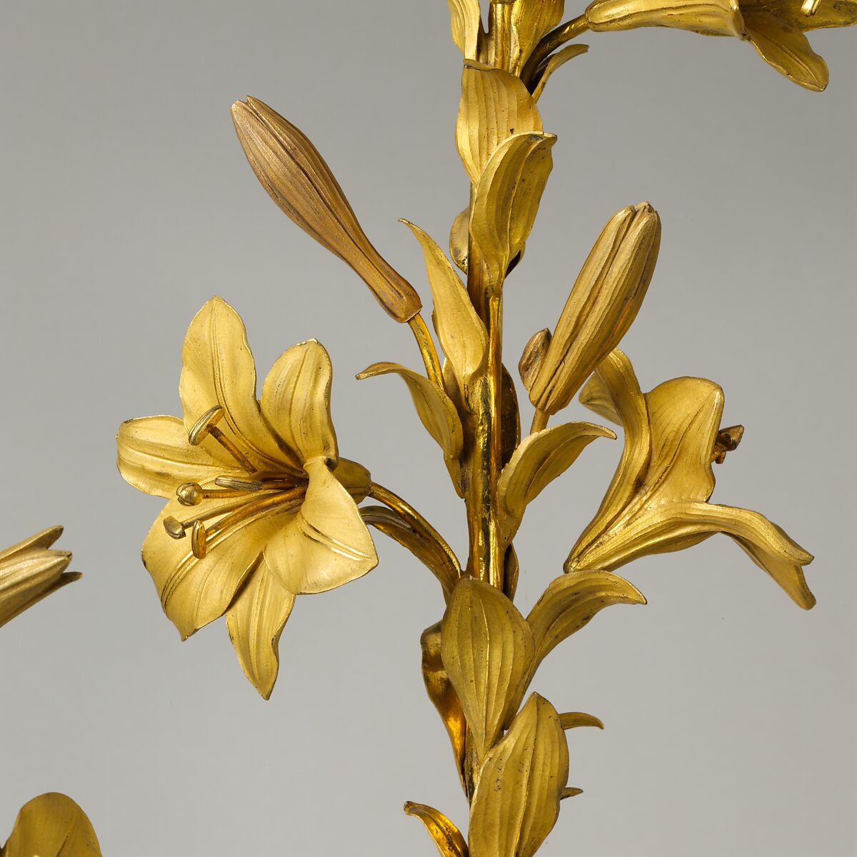 Three-light candelabrum (one of a pair), Patinated and gilt-bronze, enameled bronze, marble, French