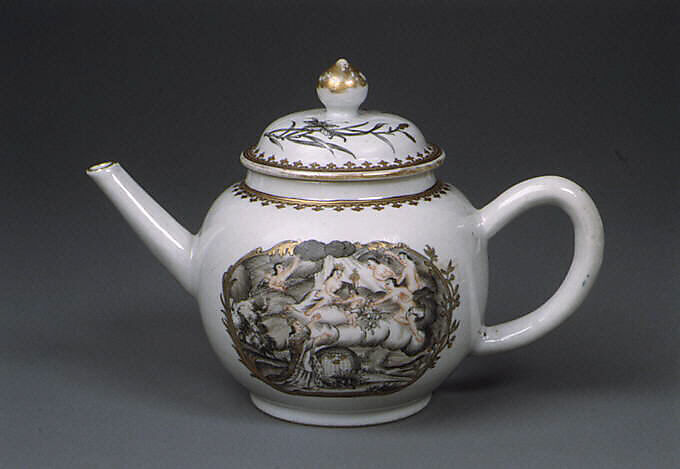 Teapot, After a print by Abraham Delfos (1731–1820), Hard-paste porcelain, Chinese, for Swedish market 