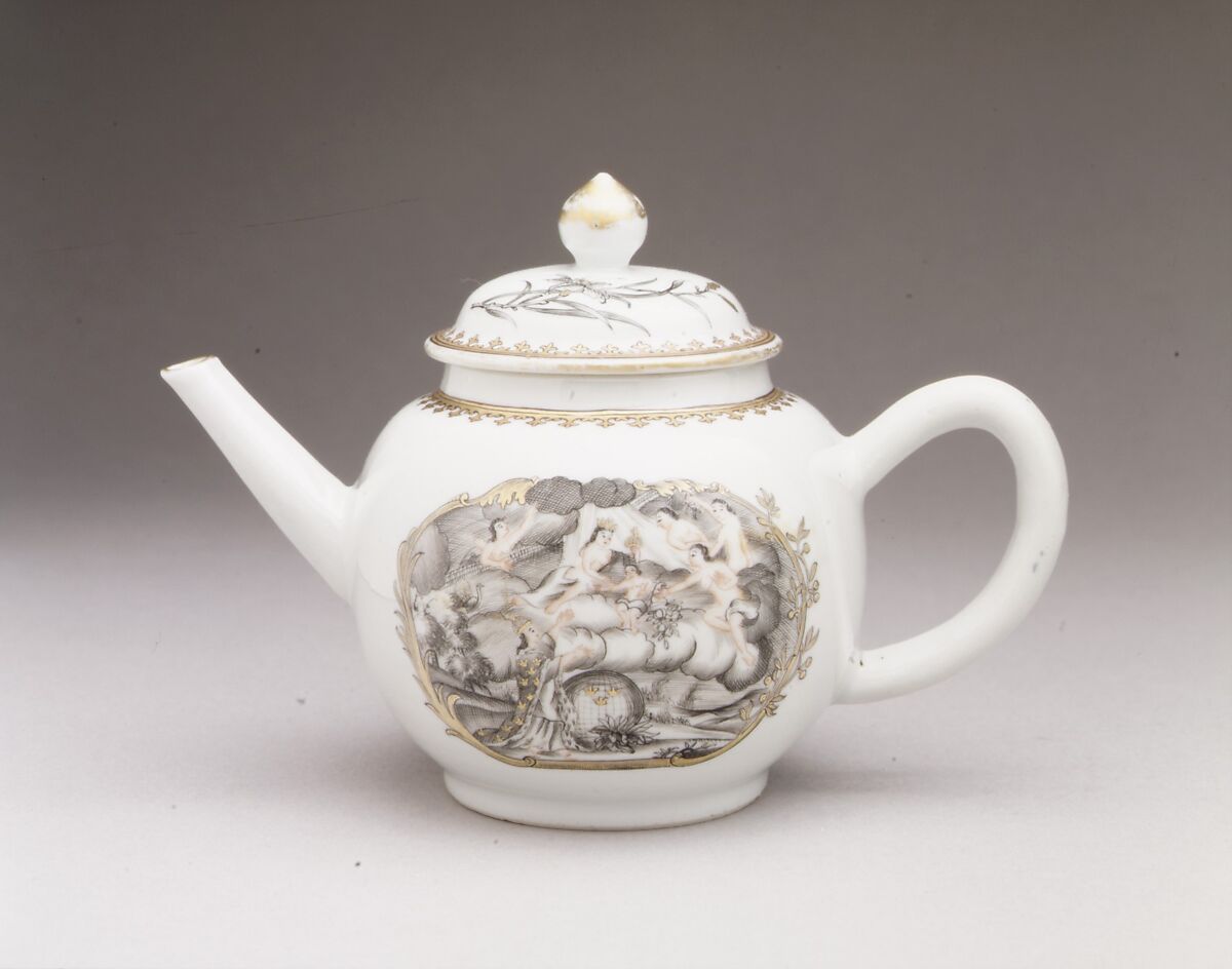 Teapot, After a print by Abraham Delfos (1731–1820), Hard-paste porcelain, Chinese, for Swedish market