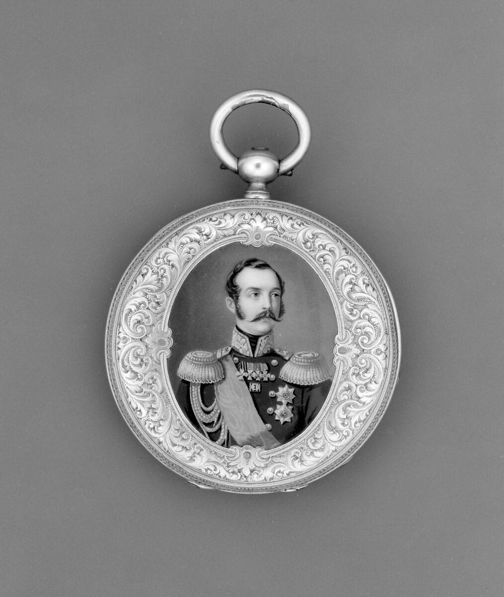 Watch with a portrait of Alexander II, czar of Russia (r. 1855–81), Watchmaker: H. Maret, Case of gold and enamel; jeweled movement, with temperature-compensated balance and Swiss lever escapement, Swiss, Geneva 