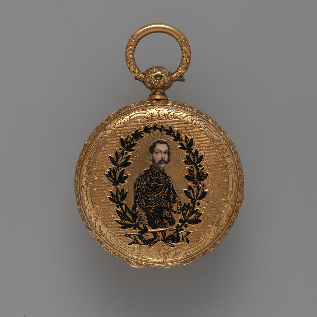 Watch, with a portrait of Alexander II, czar of Russia (r. 1855–81), Case of gold and enamel; jeweled movement, with Chinese duplex escapement, Swiss, probably Fleurier 
