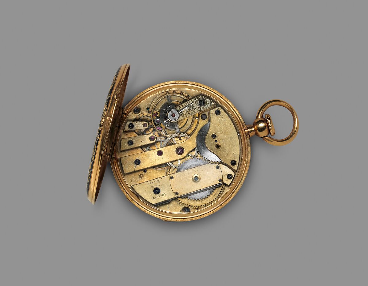 Pocket chronometer, Watchmaker: François Czapek (Bohemian, 1811–before 1895), Case: partly enameled gold; Dial: white enamel with gold hands; Movement: gilded brass and steel, Swiss, Geneva