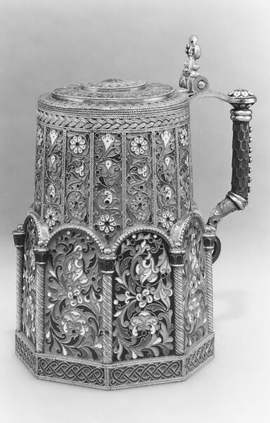Tankard with hinged lid, Silver gilt, opaque and translucent enamels, Russian