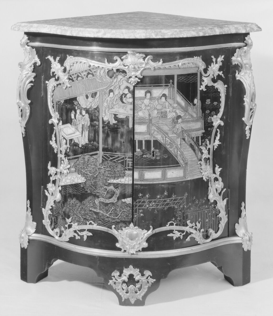 Corner cabinet (encoignure) (one of a pair), Bernard II van Risenburgh (ca. 1696–ca. 1767), Oak veneered with ebony and Coromandel lacquer, cherry wood, and purplewood; gilt-bronze mounts; brocatelle marble top, French, Paris 