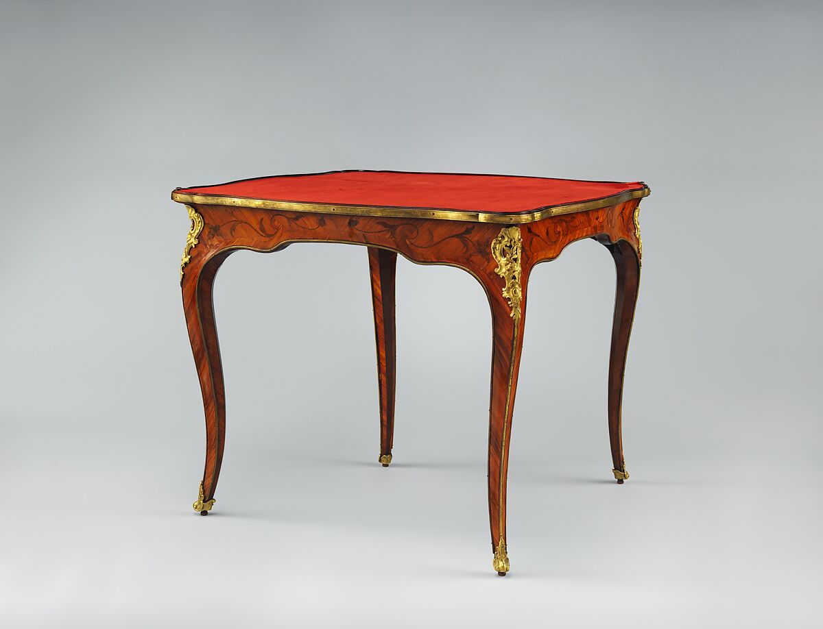 Folding card table (table de jeu brisée en angle), Attributed to Bernard II van Risenburgh (ca. 1696–ca. 1767), Oak veneered with tulipwood, purplewood, kingwood, satiné wood, walnut; gilt bronze; modern silk velvet, French, Paris