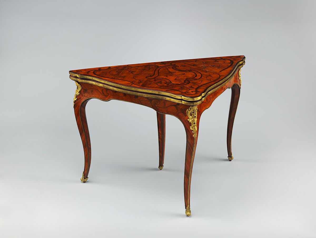 Folding card table (table de jeu brisée en angle), Attributed to Bernard II van Risenburgh (ca. 1696–ca. 1767), Oak veneered with tulipwood, purplewood, kingwood, satiné wood, walnut; gilt bronze; modern silk velvet, French, Paris 