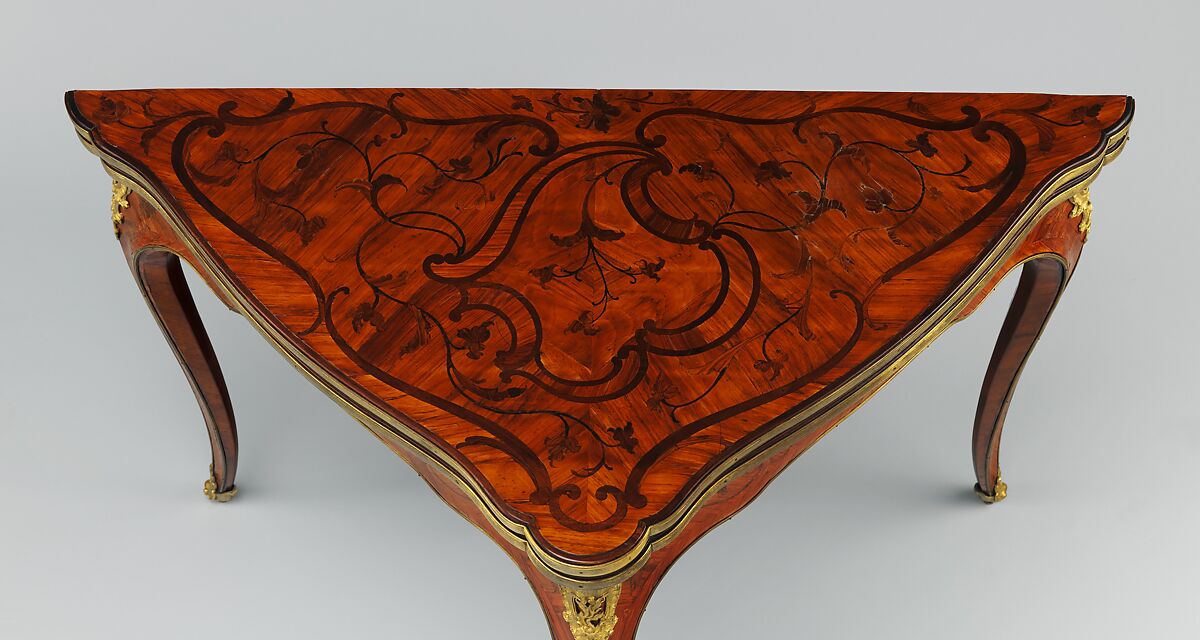 Folding card table (table de jeu brisée en angle), Attributed to Bernard II van Risenburgh (ca. 1696–ca. 1767), Oak veneered with tulipwood, purplewood, kingwood, satiné wood, walnut; gilt bronze; modern silk velvet, French, Paris