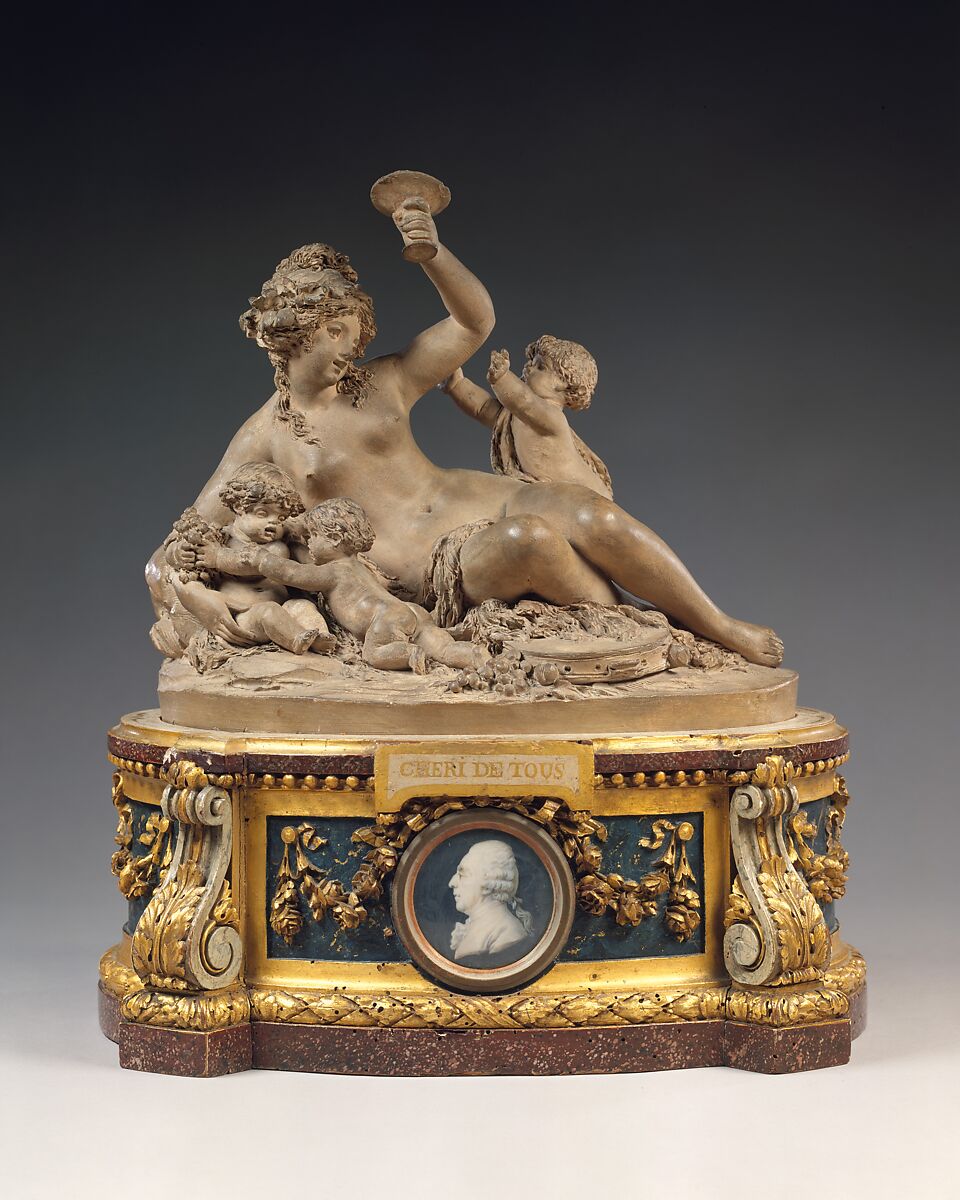 Bacchante with chalice and three infants, Joseph-Charles Marin (French, Paris 1759–1834 Paris), Terracotta, on painted and gilt wood pedestal, French, Paris 