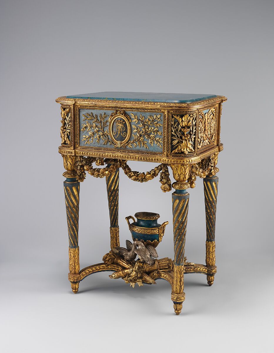 Stand (piètement) for a model of La Samaritaine, Jean-Baptiste Vinceneux (ca. 1726–ca. 1795, active 1750–86), Carved, painted, gilded and silvered walnut; modern wood top, French, Paris 