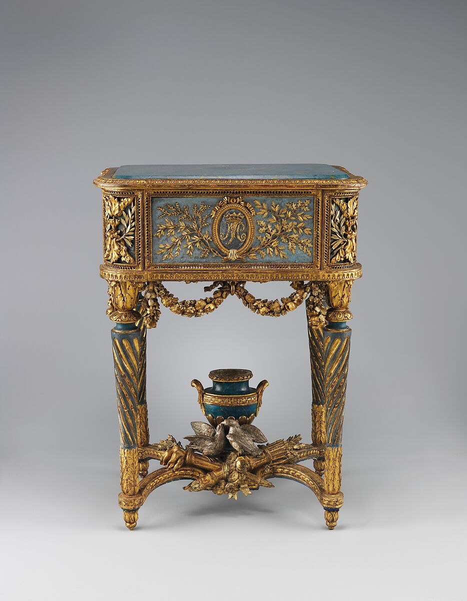 Stand (piètement) for a model of La Samaritaine, Jean-Baptiste Vinceneux (ca. 1726–ca. 1795, active 1750–86), Carved, painted, gilded and silvered walnut; modern wood top, French, Paris