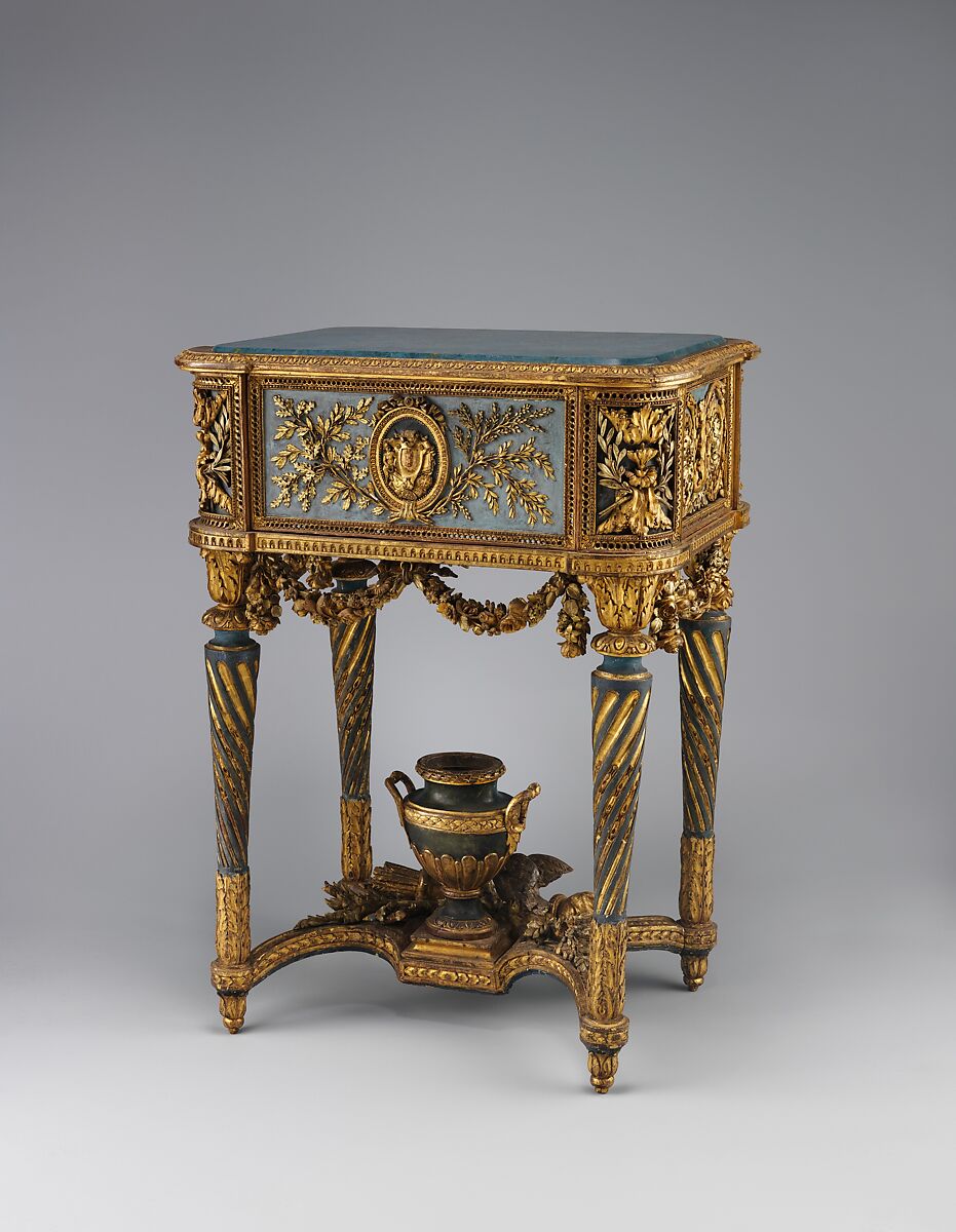 Stand (piètement) for a model of La Samaritaine, Jean-Baptiste Vinceneux (ca. 1726–ca. 1795, active 1750–86), Carved, painted, gilded and silvered walnut; modern wood top, French, Paris