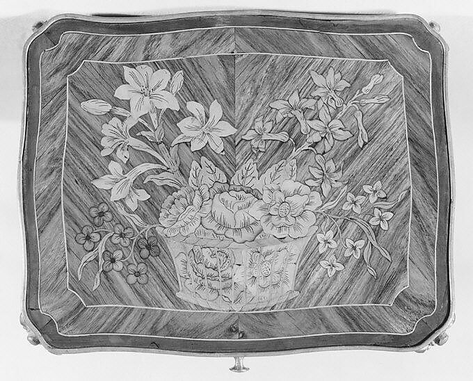 Work and writing table (table en chiffonière), Oak veneered with tulipwood, engraved satinwood, harewood and green-stained wood, gilt bronze, brass, silvered metal, gold-tooled leather, French