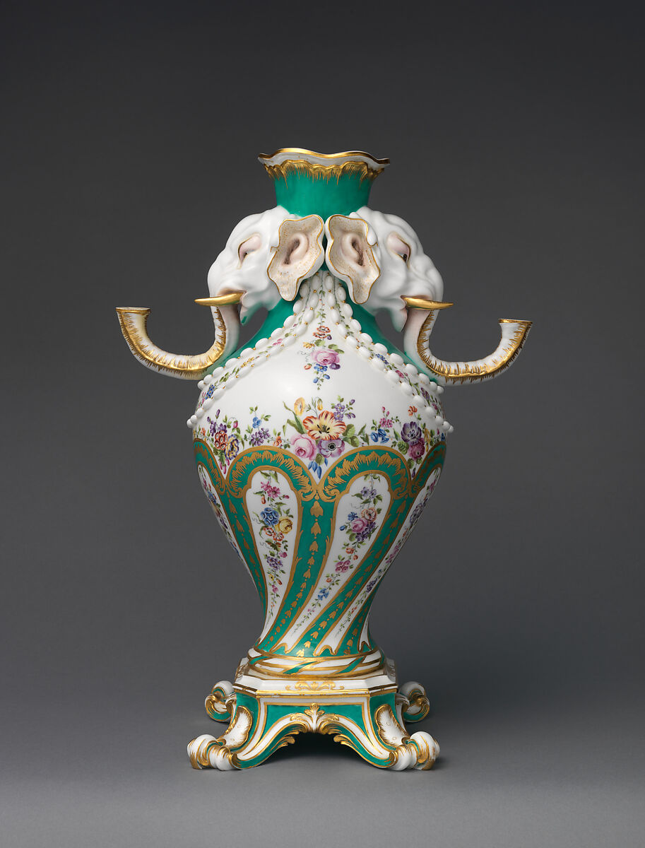 Elephant-head vase (vase à tête d'éléphant), Sèvres Manufactory (French, 1740–present), Soft-paste porcelain decorated in polychrome enamels, gold, French, Sèvres 