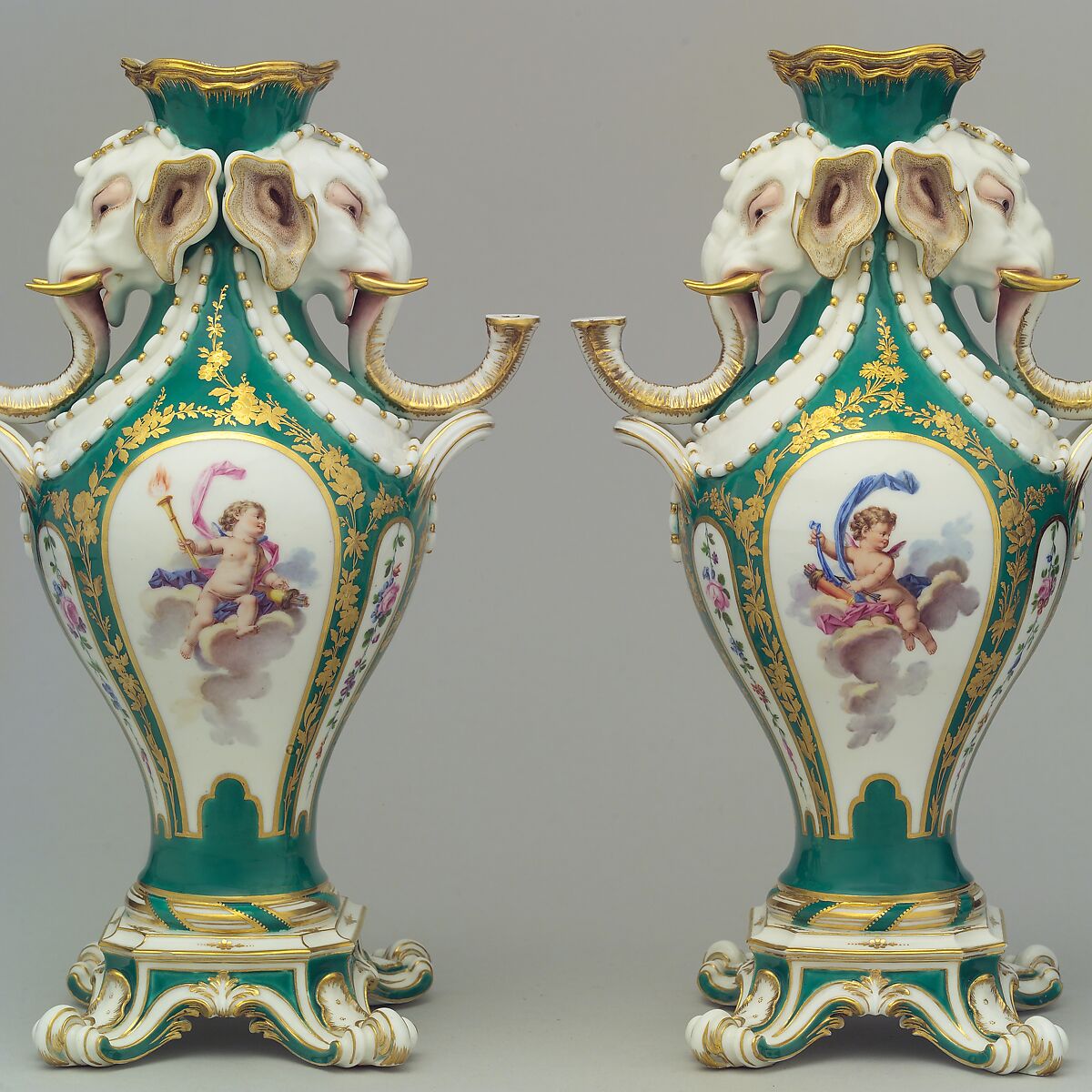 Pair of elephant-head vases (vases à tête d'éléphant), Sèvres Manufactory (French, 1740–present), Soft-paste porcelain, French, Sèvres 