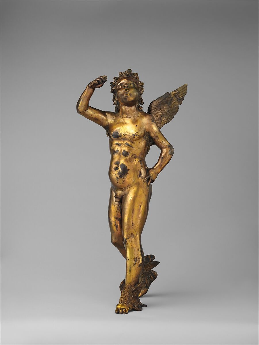 Sprite, Sculptor/metalsmith close to Donatello (Italian, Florence ca. 1386–1466 Florence), High-copper alloy, fire-gilt, brown natural patina where exposed, Italian, Florence