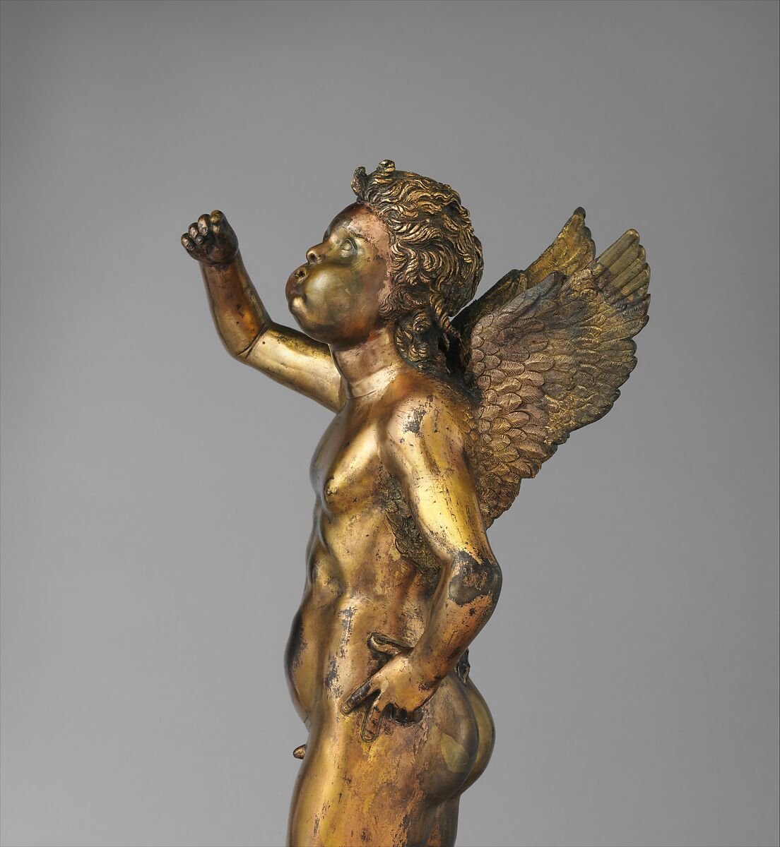 Sprite, Sculptor/metalsmith close to Donatello (Italian, Florence ca. 1386–1466 Florence), High-copper alloy, fire-gilt, brown natural patina where exposed, Italian, Florence