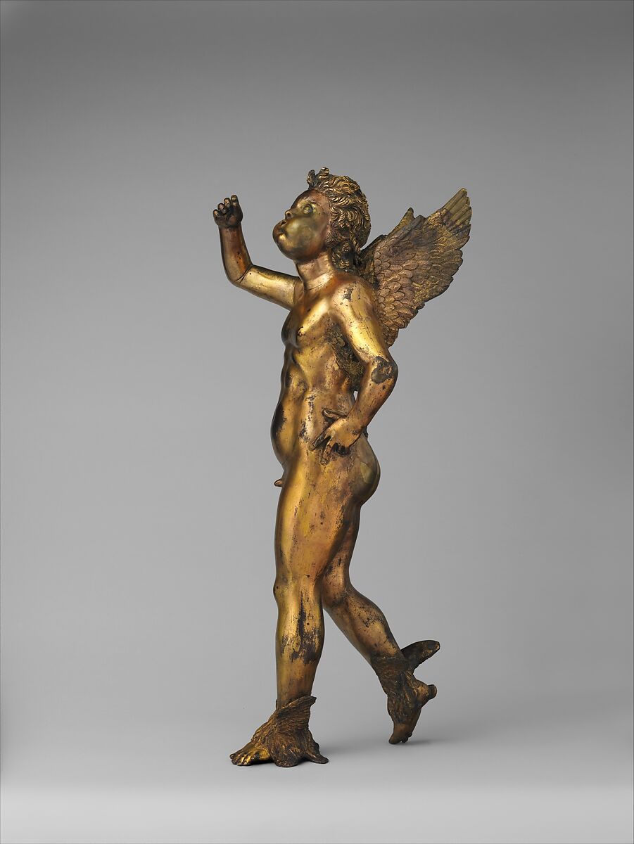 Sprite, Sculptor/metalsmith close to Donatello (Italian, Florence ca. 1386–1466 Florence), High-copper alloy, fire-gilt, brown natural patina where exposed, Italian, Florence
