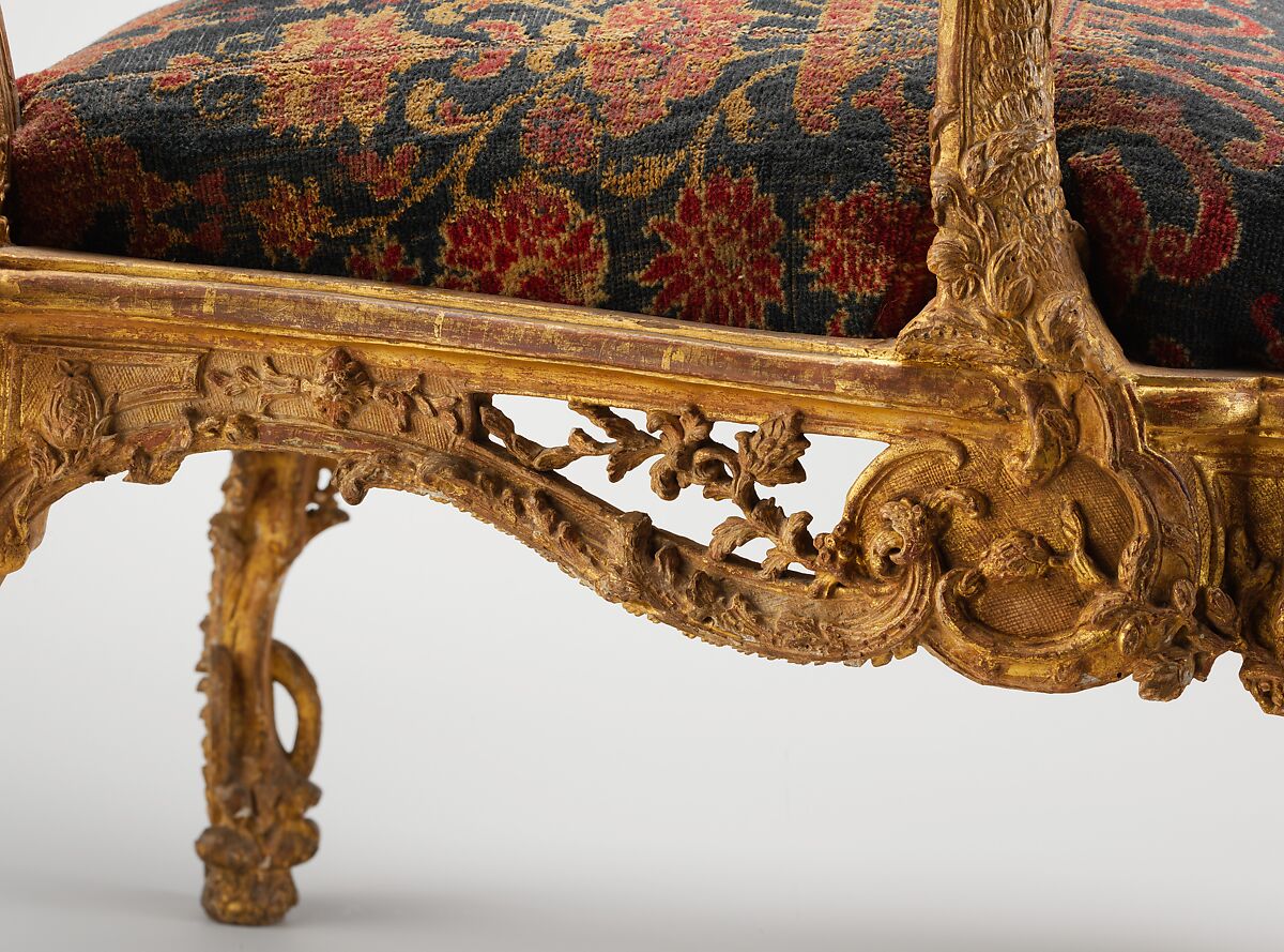 Armchair (fauteuil à la reine), Carved and gilded walnut, late 17th-century wool velvet (not original), French, Paris