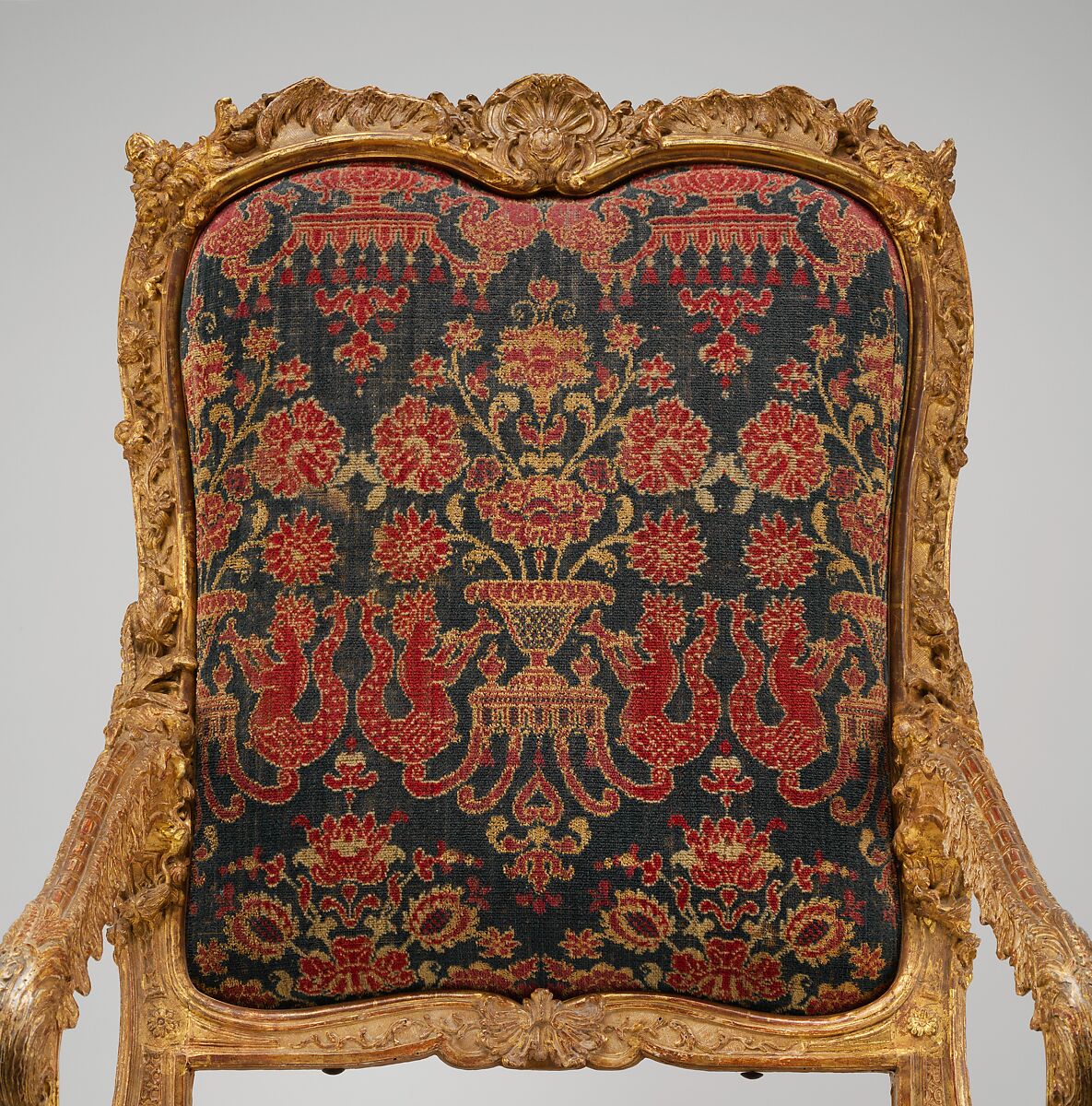 Armchair (fauteuil à la reine), Carved and gilded walnut, late 17th-century wool velvet (not original), French, Paris