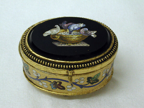 Miniature jewel box, Gilt metal, enamel, glass micromosaic, Italian 
