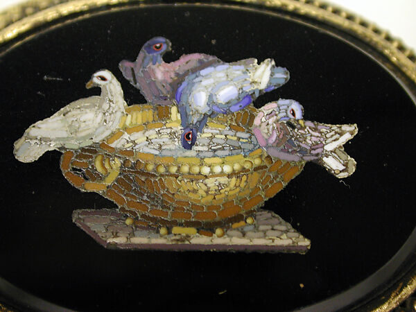 Miniature jewel box, Gilt metal, enamel, glass micromosaic, Italian