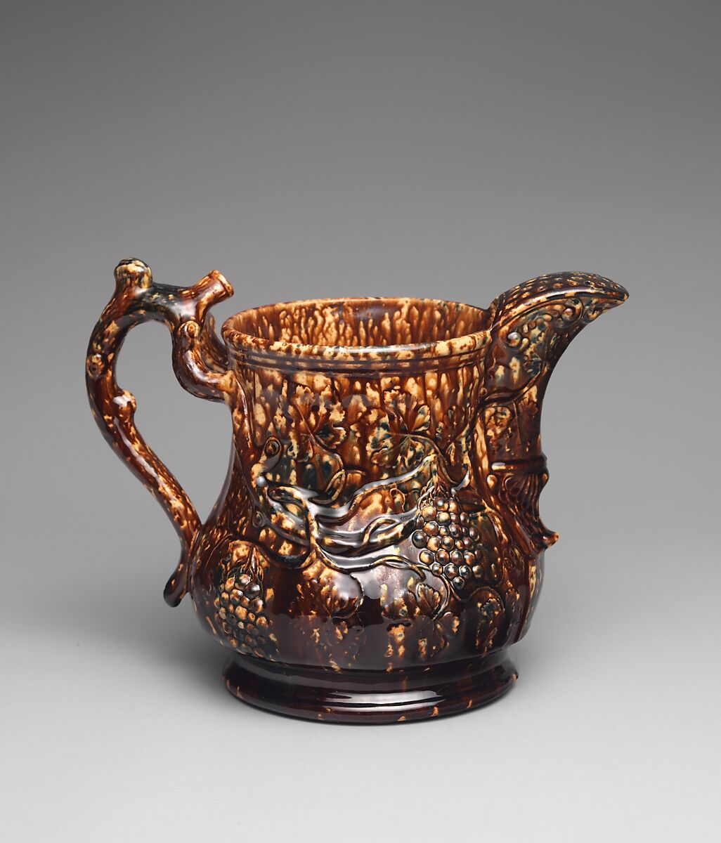 "Grape" ice pitcher, Congress Pottery (1848–1854), Yellow ware (earthenware) with Rockingham glaze, American 