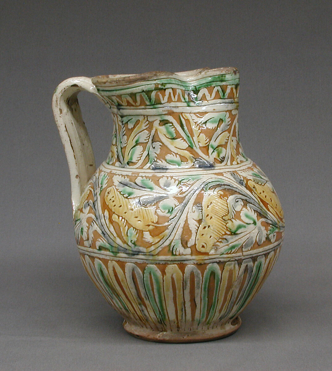Jug, Lead-glazed earthenware, possibly Italian, Squillache 