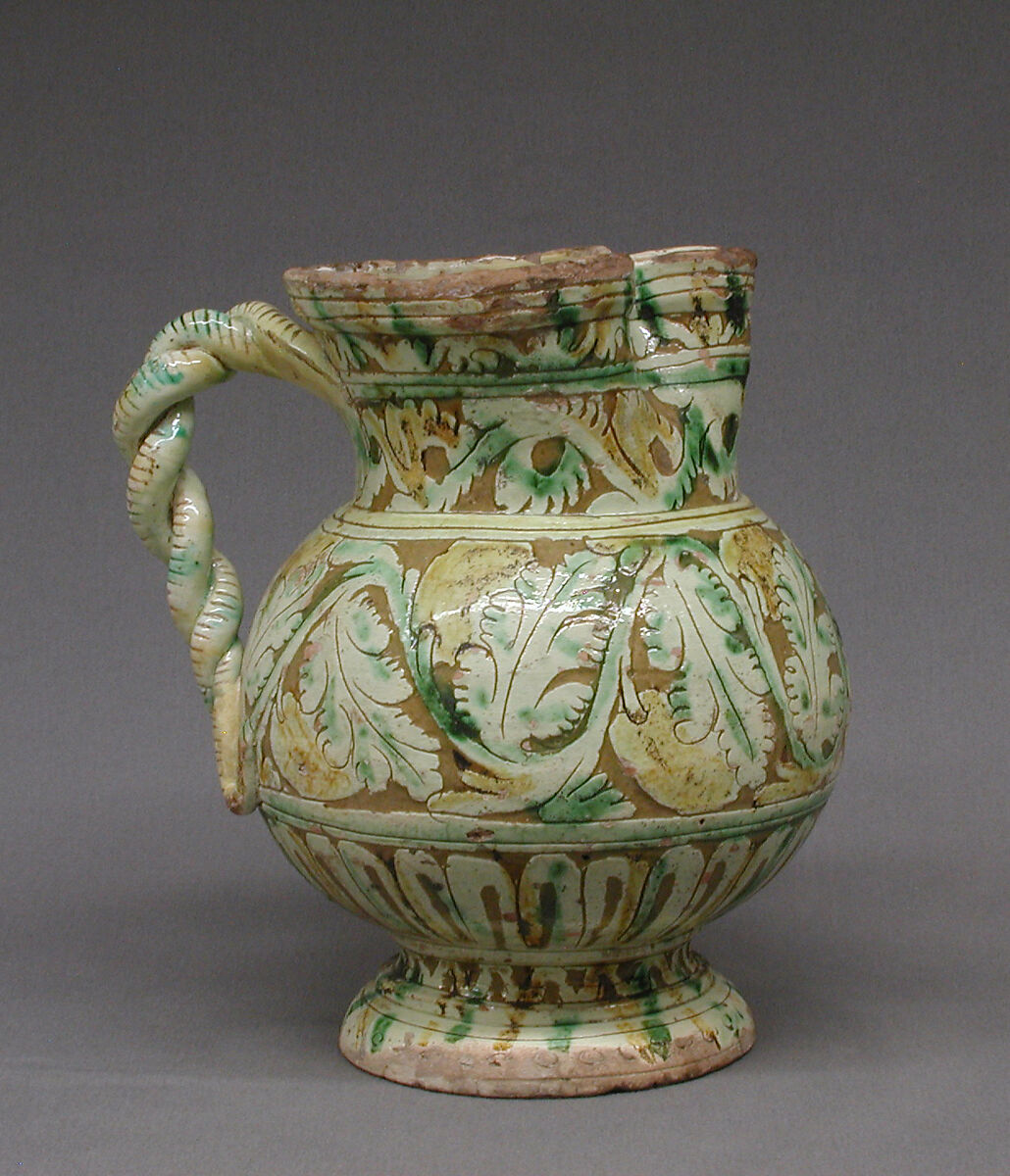 Jug, Lead-glazed earthenware, probably Italian, Squillache 