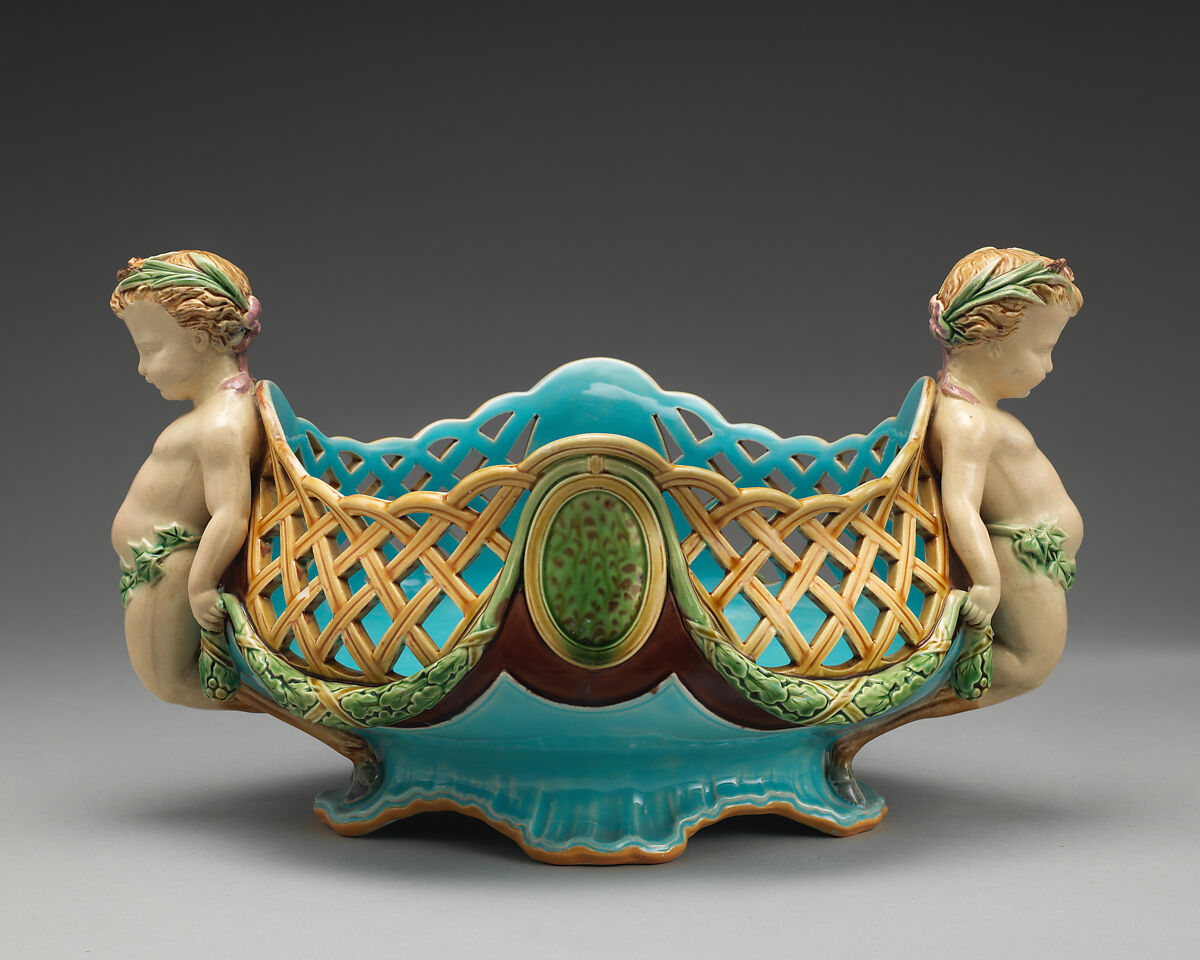 Basket, Model by Albert-Ernest Carrier-Belleuse (French, Anizy-le-Château 1824–1887 Sèvres), Lead-glazed earthenware (Mintons "Majolica"), British, Stoke-on-Trent, Staffordshire 
