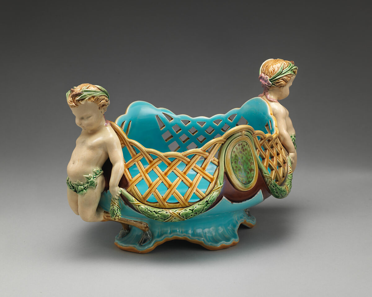 Basket, Model by Albert-Ernest Carrier-Belleuse (French, Anizy-le-Château 1824–1887 Sèvres), Lead-glazed earthenware (Mintons "Majolica"), British, Stoke-on-Trent, Staffordshire