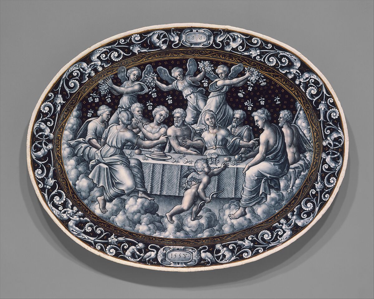 The Wedding Feast of Cupid and Psyche, Pierre Reymond (born 1513, working 1537, died after 1584), Painted enamel on copper, partly gilt, French, Limoges 