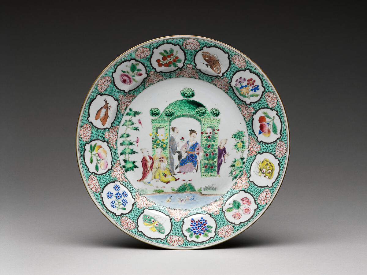 Plate with figures in arbor, Design attributed to Cornelis Pronk (Dutch, Amsterdam 1691–1759 Amsterdam), Hard-paste porcelain painted with colored enamels over transparent glaze (Jingdezhen ware), Chinese, for Dutch market 