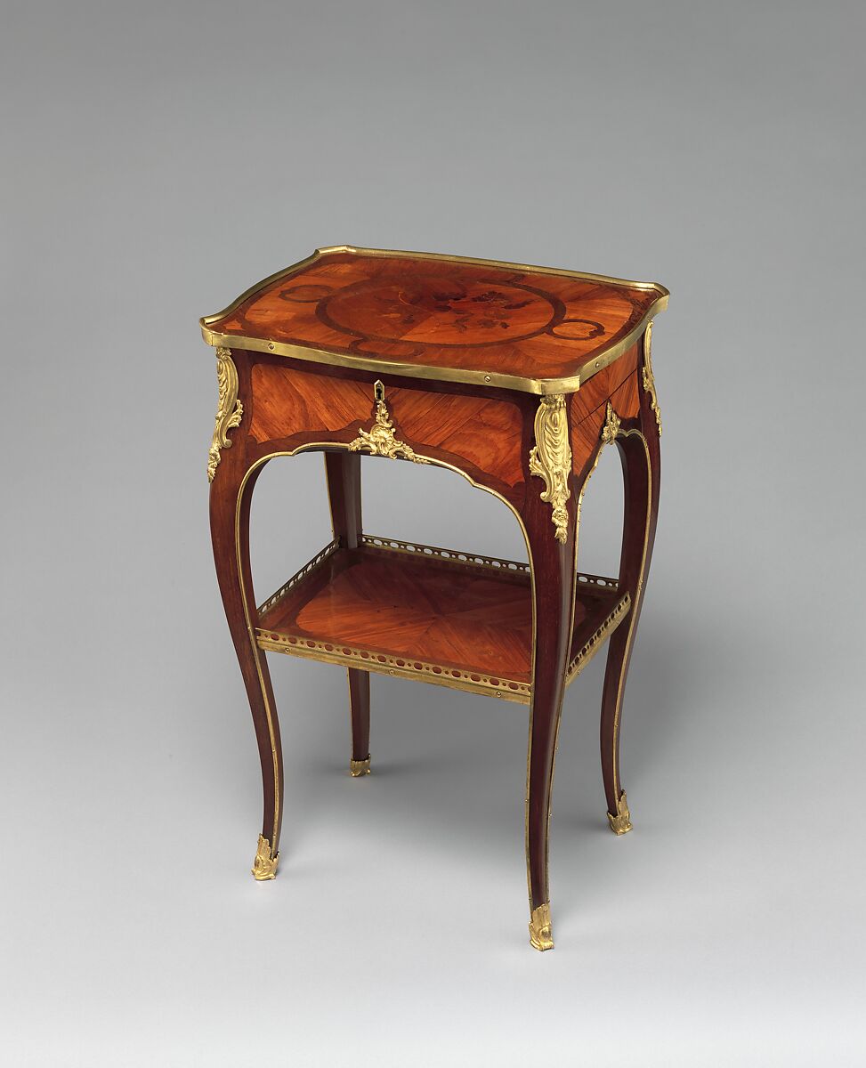 Work and writing table (table en chiffonière), Bernard II van Risenburgh (ca. 1696–ca. 1767), Oak and pine veneered with tulipwood, kingwood, purplewood and satiné, gilt bronze, silvered metal, French 